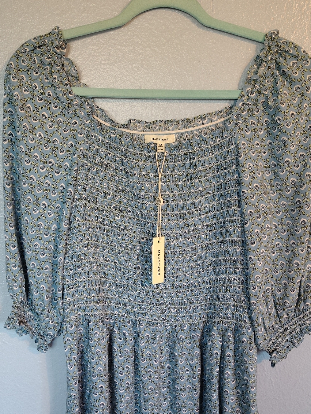 Max Studio Soft Blue Floral Smocked Puff Sleeve Tunic Dress